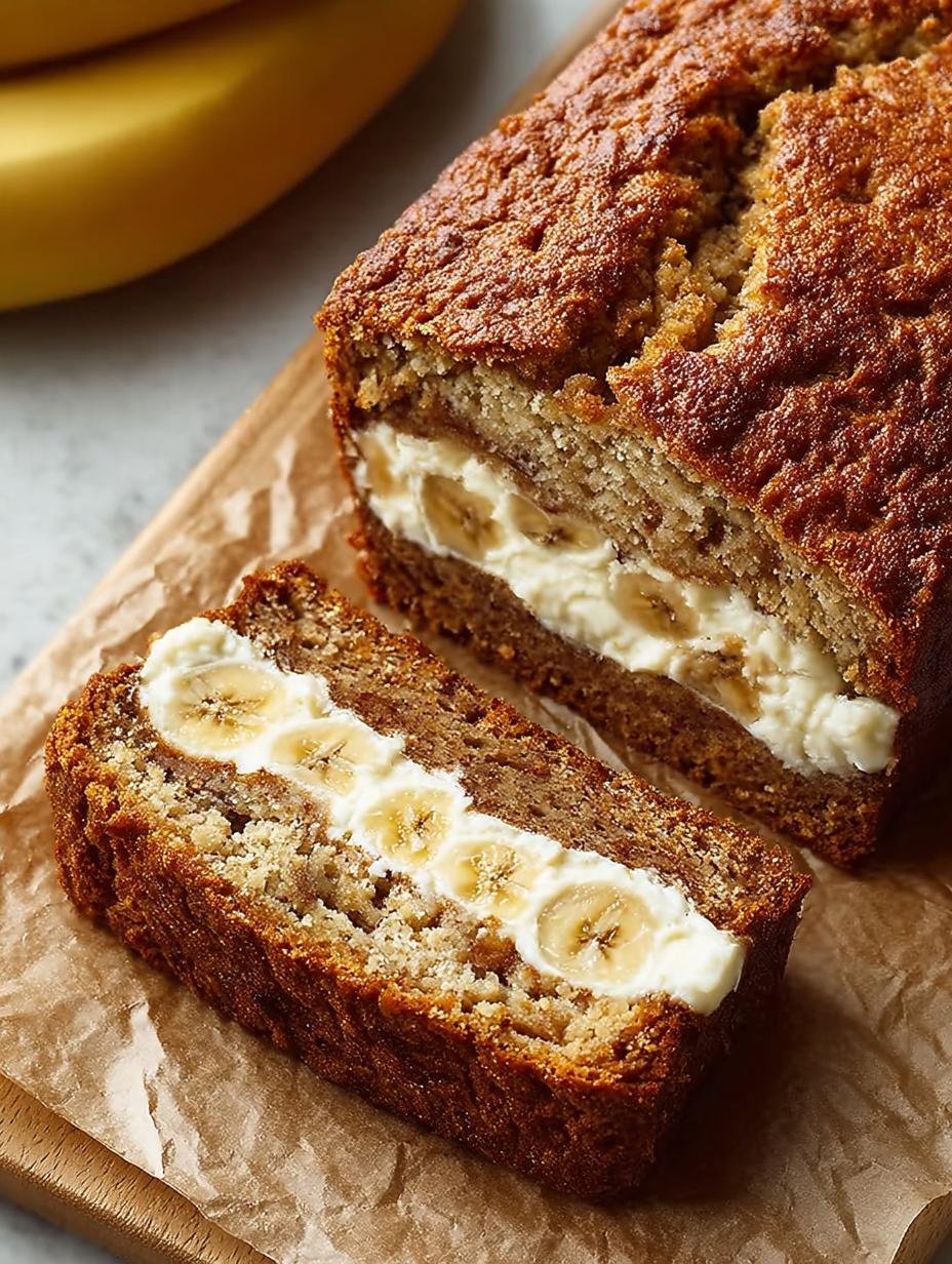 Close-up of a loaf of Banana Bread with Cream, showing the golden-brown crust and creamy interior