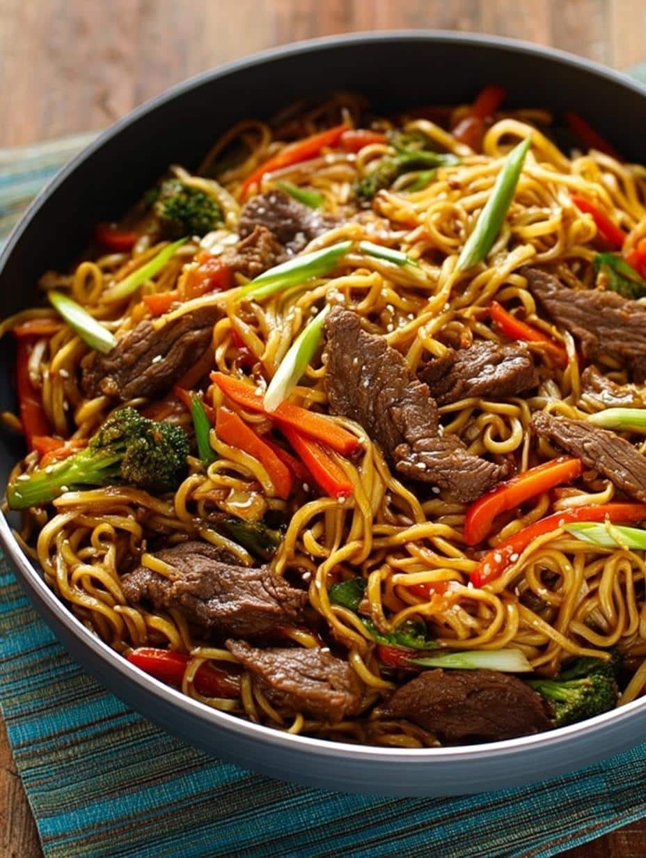 Delicious Beef Mein with tender beef strips, vibrant vegetables, and savory noodles in a large serving bowl