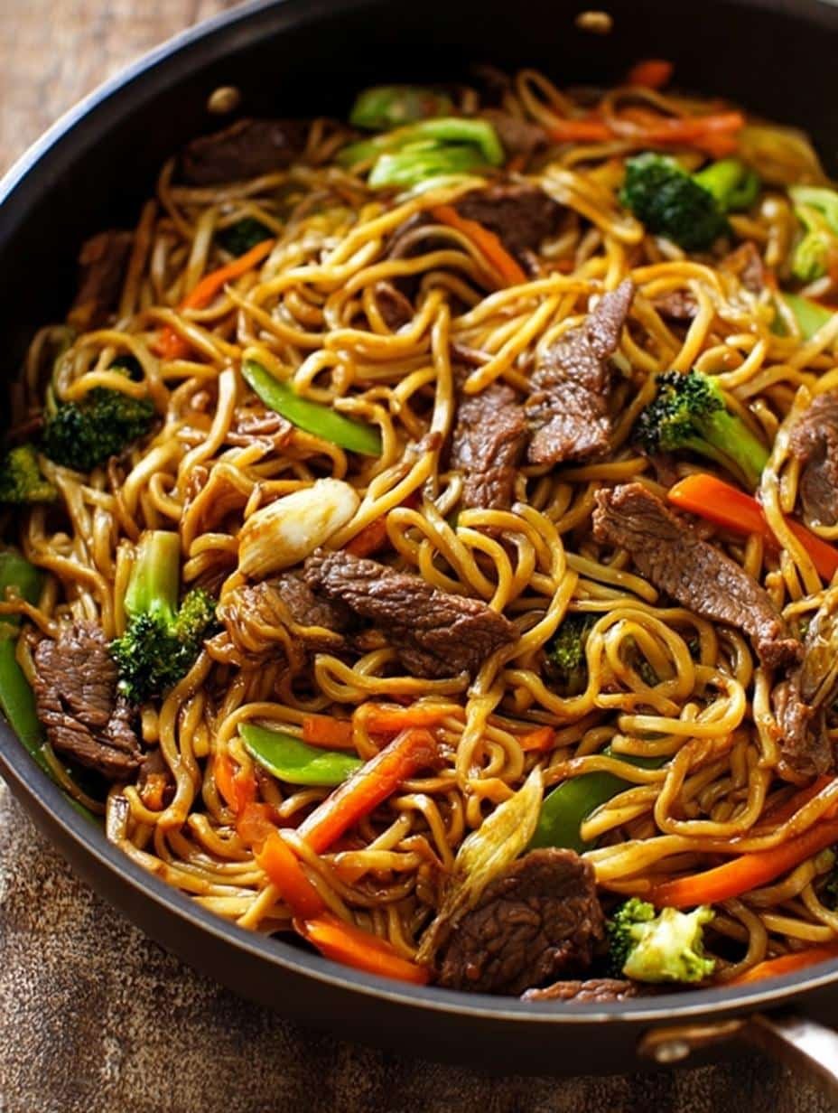 Close-up of Beef Mein showing perfectly cooked noodles, beef, and broccoli, garnished with sesame seeds