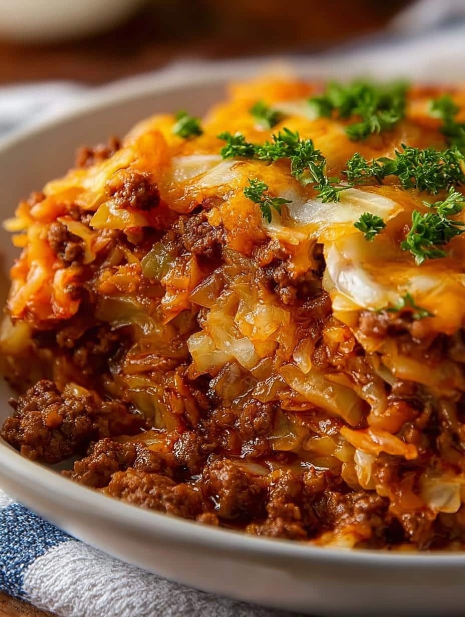 Hearty Budget Ground Beef Cabbage casserole baked to perfection in a white dish, ready to serve