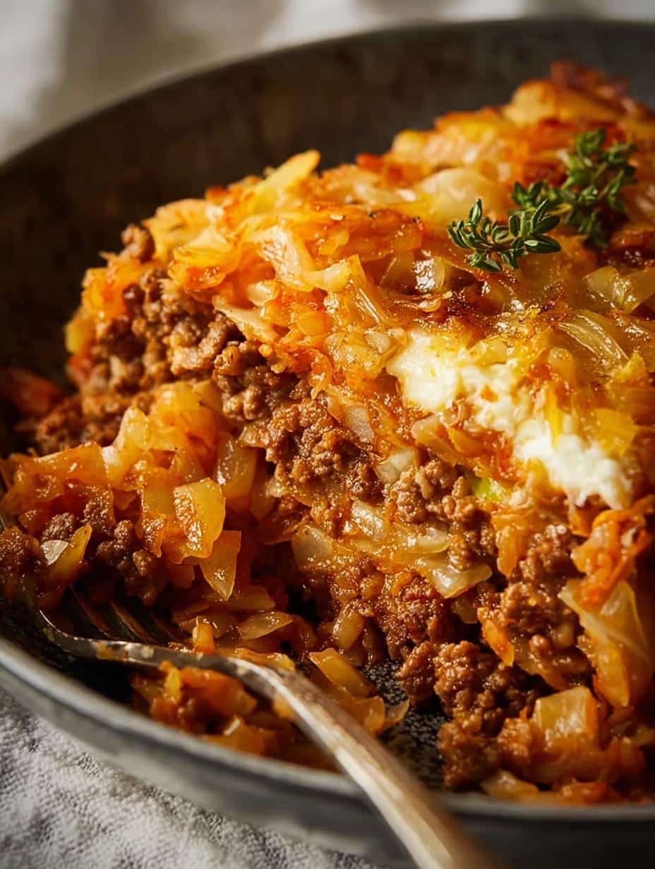Close-up of Budget Ground Beef Cabbage casserole showing tender cabbage, ground beef, and rice