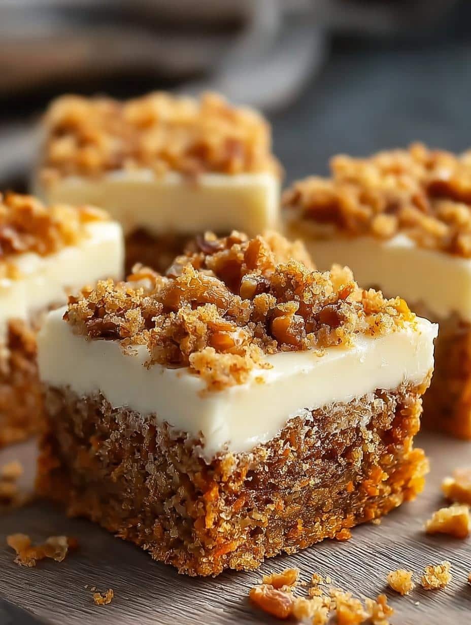 Deliciously moist Carrot Cake Squares topped with creamy white frosting and a sprinkle of cinnamon, ready to be served
