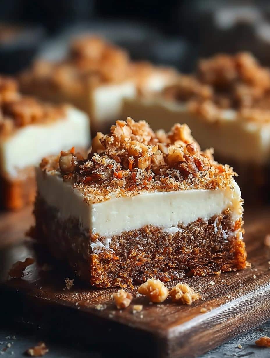 A close-up of a perfectly baked Carrot Cake Square, showing its moist texture and creamy frosting, ready to be enjoyed