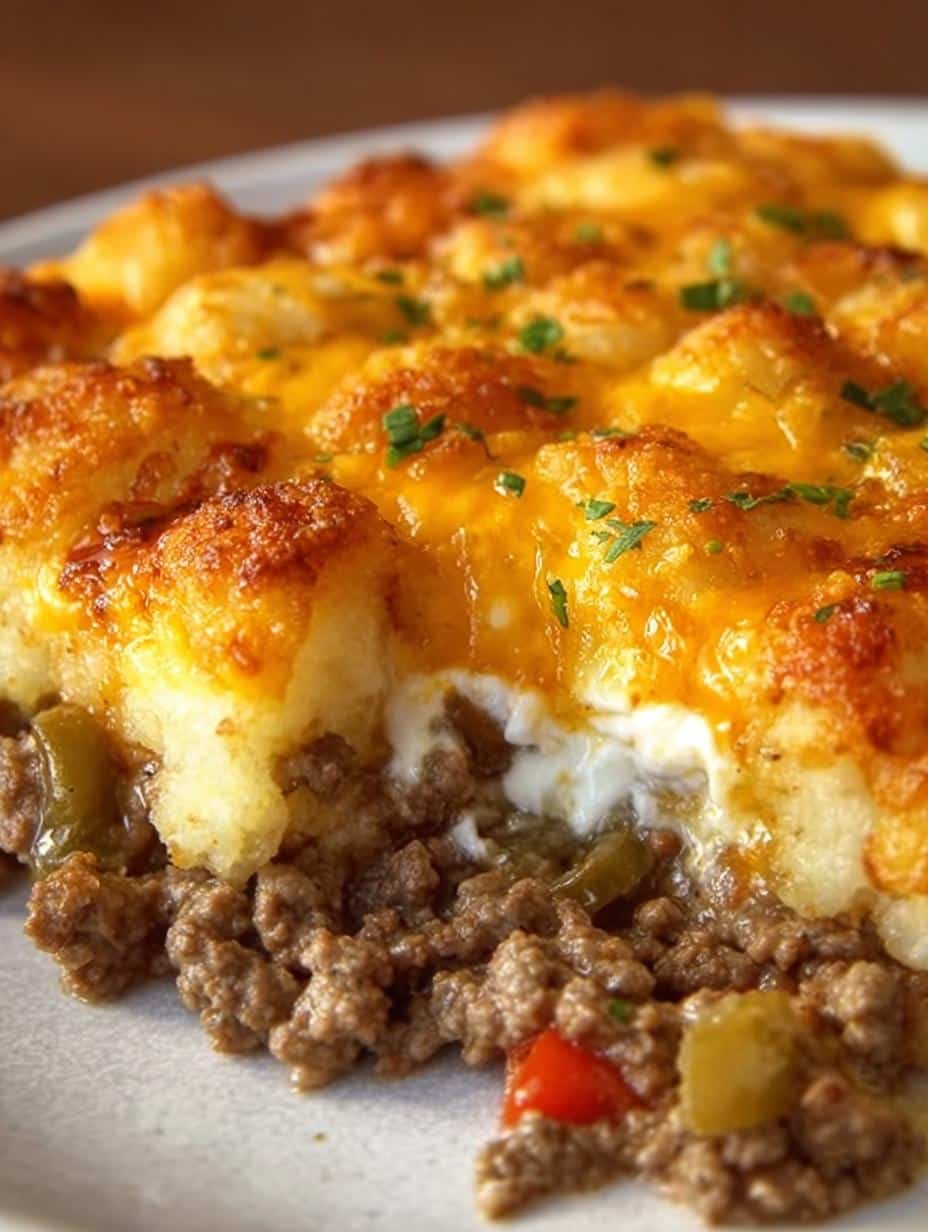 Close-up of a serving of Cheesy Ground Beef Tater, showing the crispy tater tots and cheesy beef mixture
