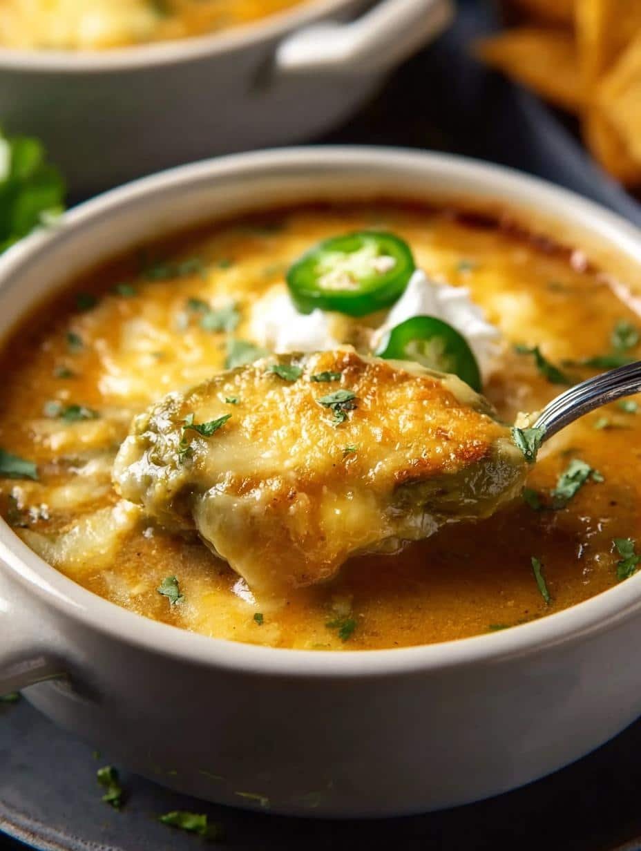 Close-up of creamy Chile Relleno Soup simmering in a pot, showing rich texture and melted cheese