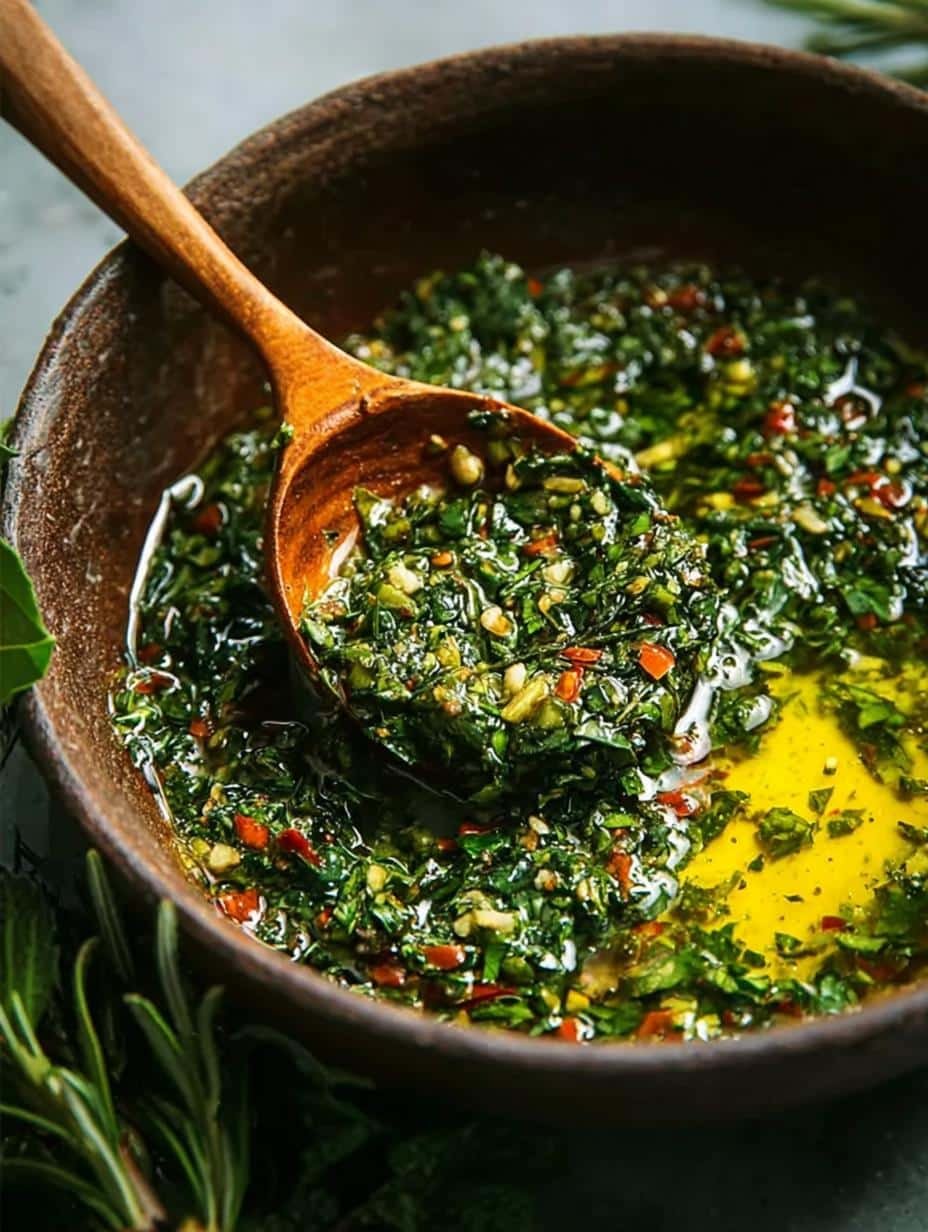 Vibrant green Chimichurri Sauce with Herbs in a bowl, ready to be served, showcasing its fresh ingredients and zesty appeal
