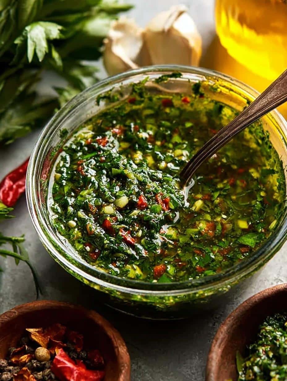Close-up of freshly made Chimichurri Sauce with Herbs in a glass jar, highlighting its vibrant green color and texture