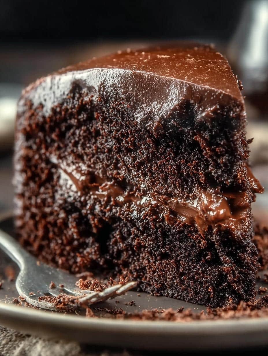 Slice of rich Chocolate Cake with Mayonnaise on a plate, ready to be served