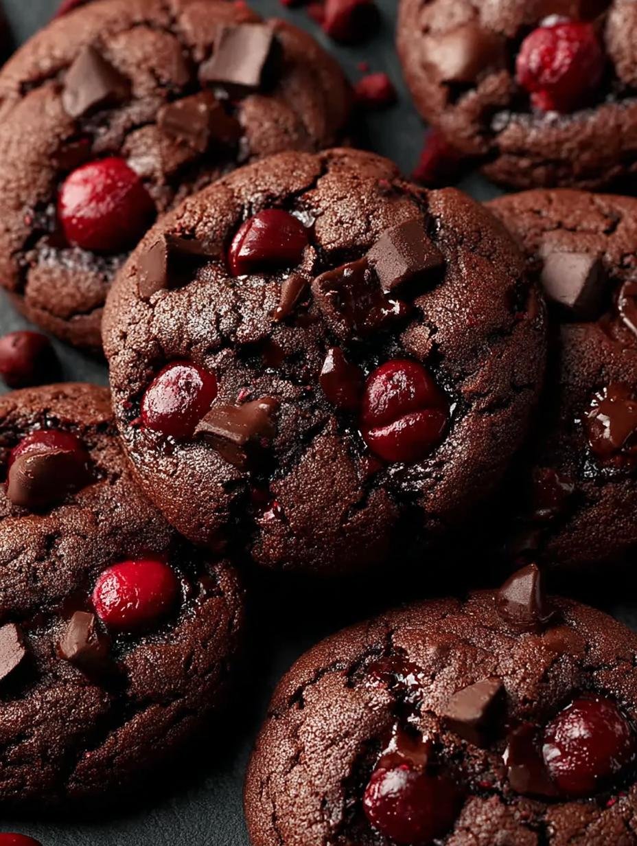 Close-up of freshly baked Chocolate Cherry Cookies with a sprinkle of powdered sugar