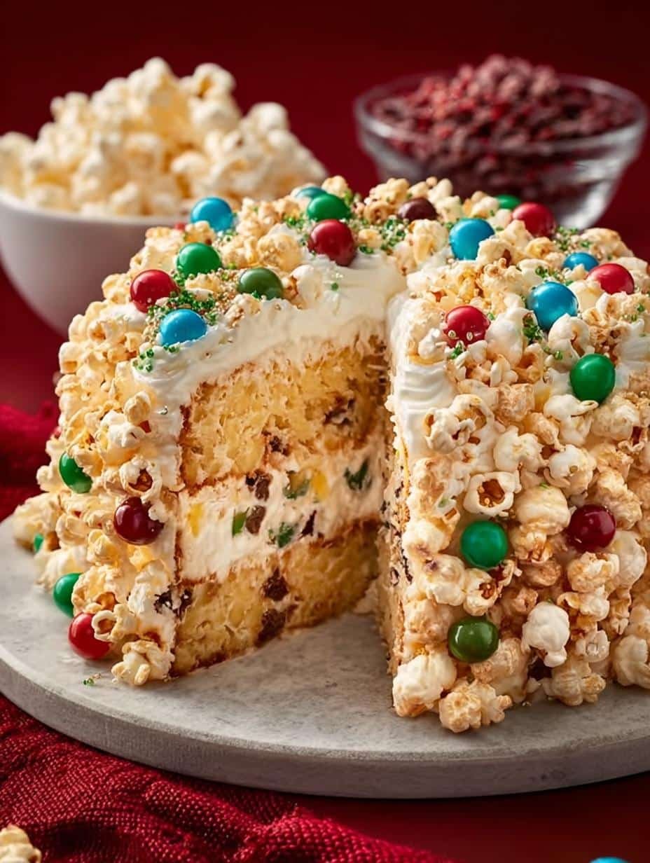 Close-up of a slice of Christmas Popcorn Cake showing its chewy texture and colorful gumdrops