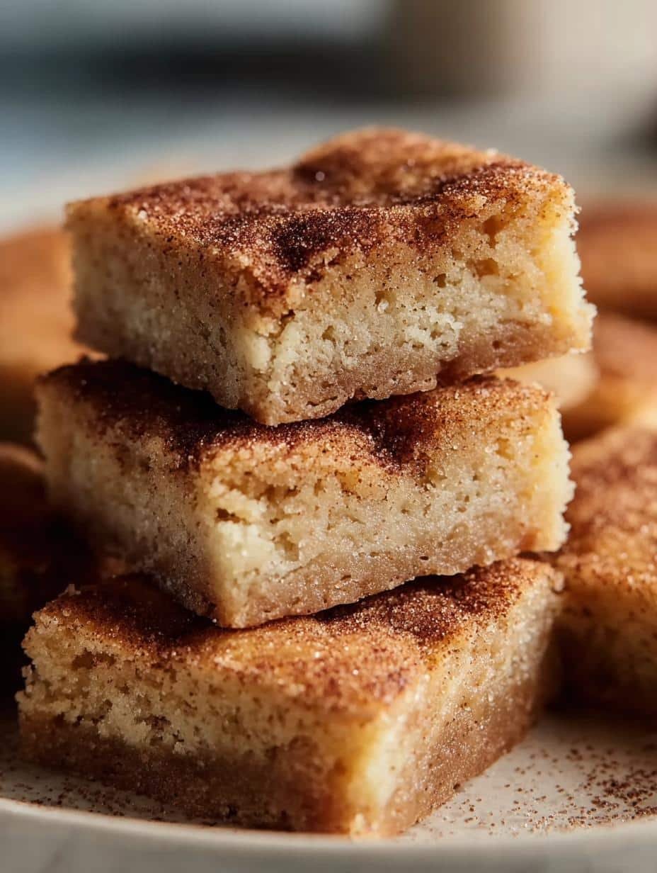 Close-up of a square of Cinnamon Sugar Blondies, showing its soft interior and sweet topping