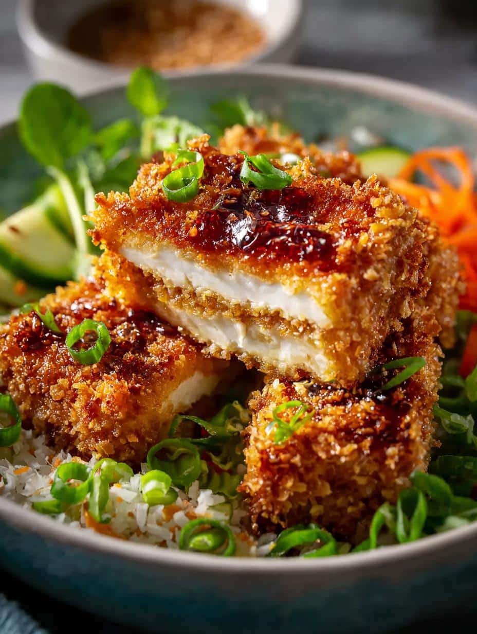 Deliciously crispy Coconut Crusted Tofu served with rice and fresh vegetables, garnished with green onions and sesame seeds, ready to be enjoyed.