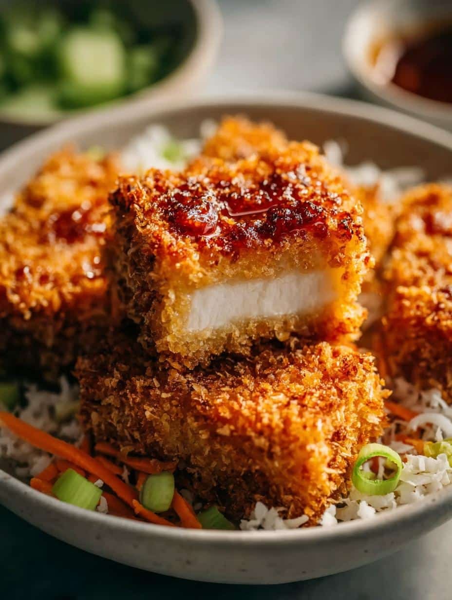 Close-up of golden-brown Coconut Crusted Tofu pieces, showcasing the crispy texture and delicious coconut coating.