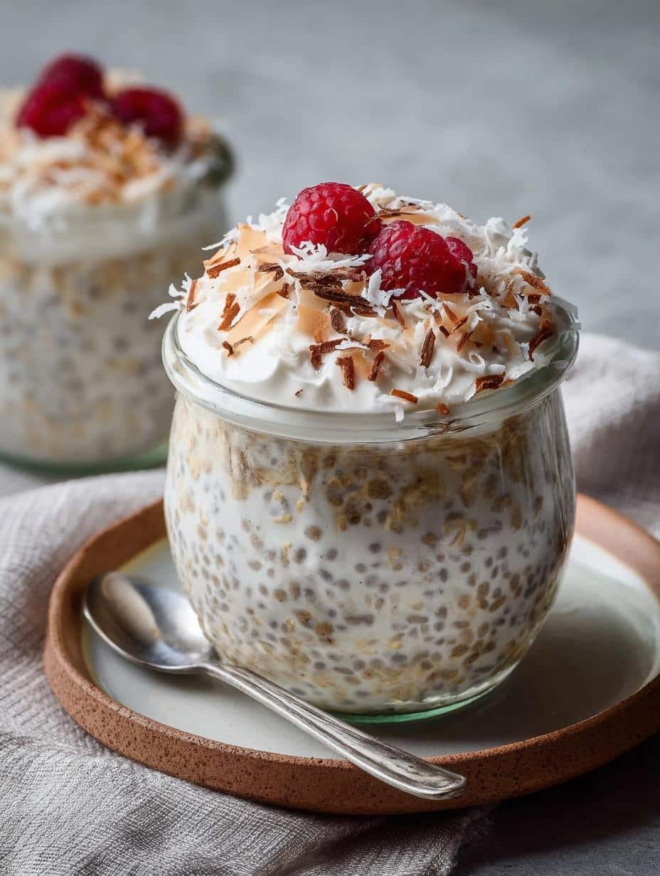 Delicious Coconut Overnight Oats for a Tropical Twist - additional detail of coconut overnight oats in a jar with fruit