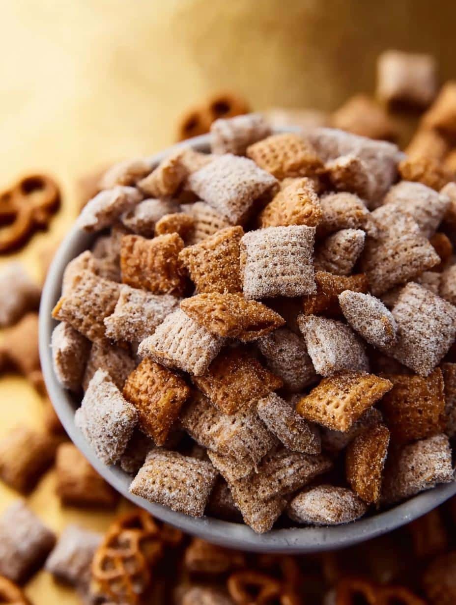 Close-up of delicious Cookie Butter Puppy Chow with powdered sugar coating, ready to be served