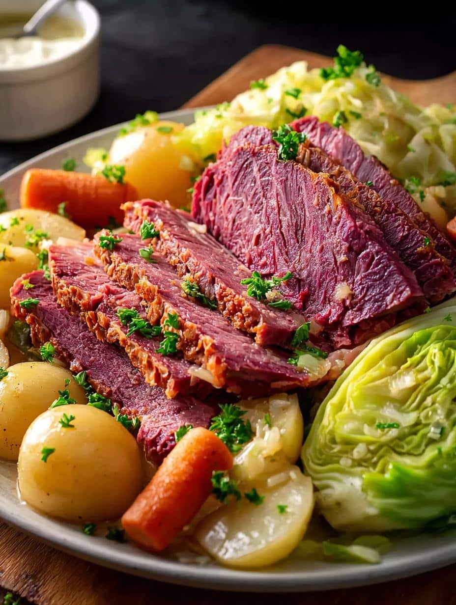 Close-up of a serving of Corned Beef Cabbage Sheet with sliced corned beef, cabbage, and potatoes