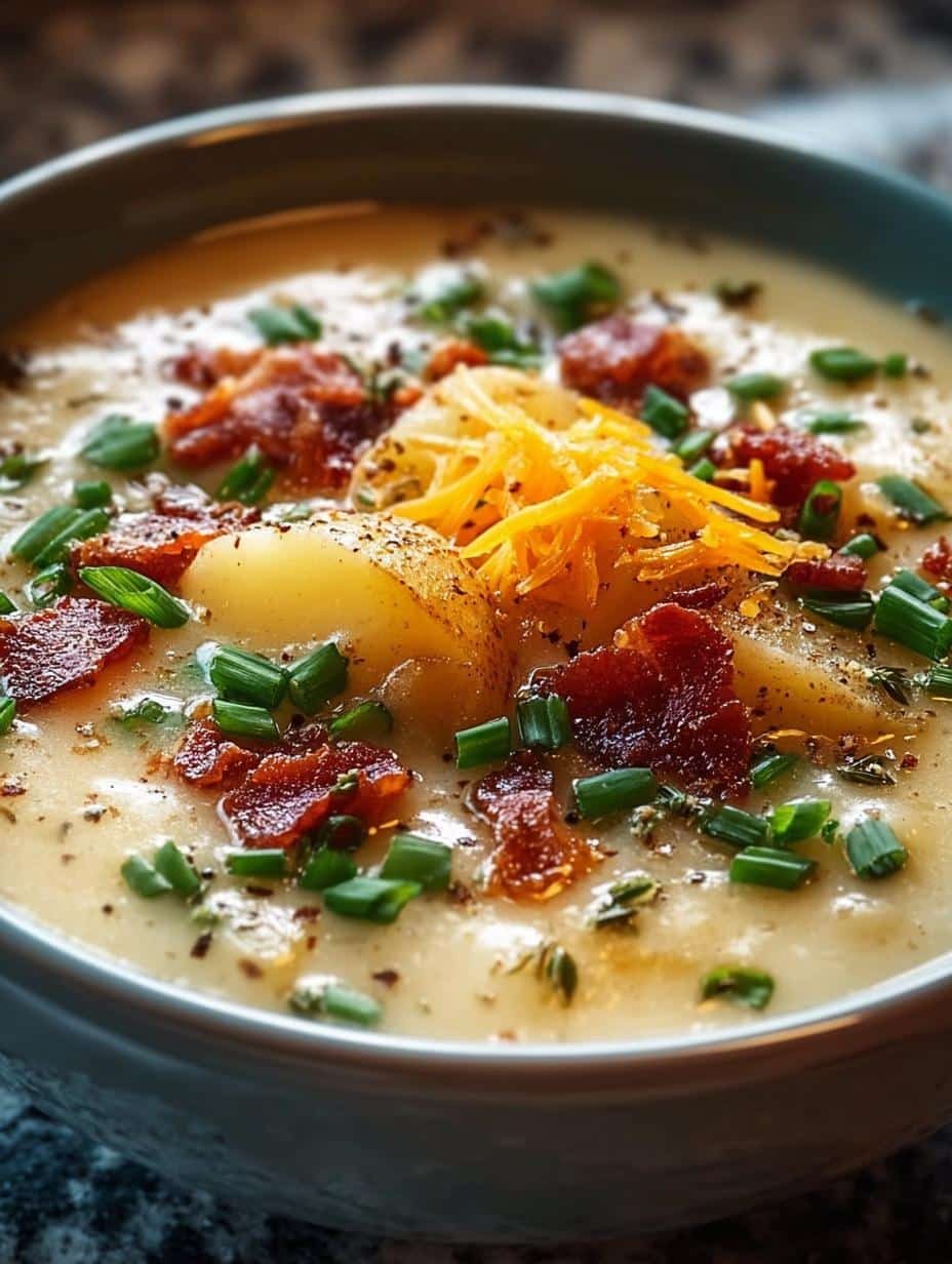 Delicious Creamy Baked Potato Soup with bacon and chives in a rustic bowl