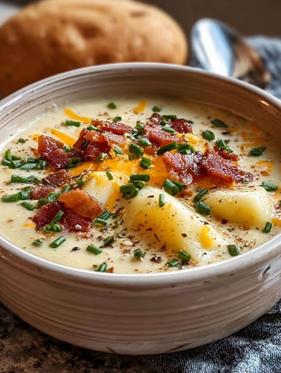 Close-up of a spoonful of Creamy Baked Potato Soup with melted cheese and bacon bits