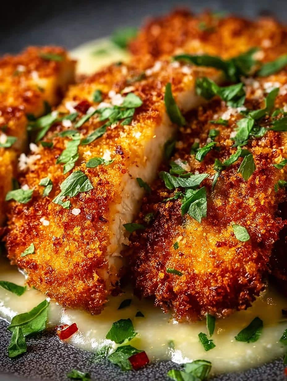 Crispy Parmesan Chicken: 5 Secrets for Perfect Crunch - Golden brown Crispy Parmesan Chicken cutlets on a white plate with fresh herbs