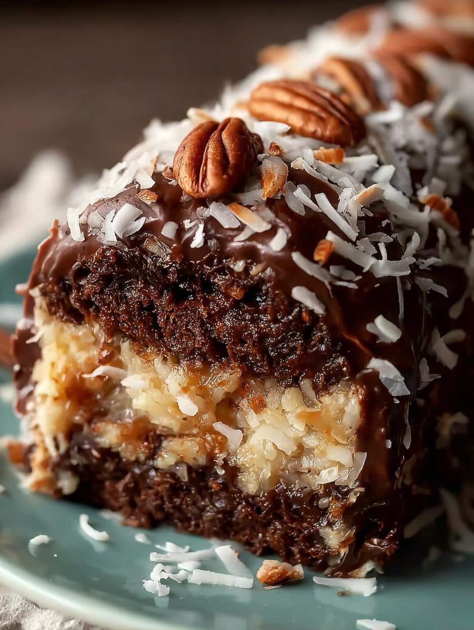 Decadent German Chocolate Coconut Pecan Roll Cake Recipe - main visual representation of a beautifully frosted roll cake
