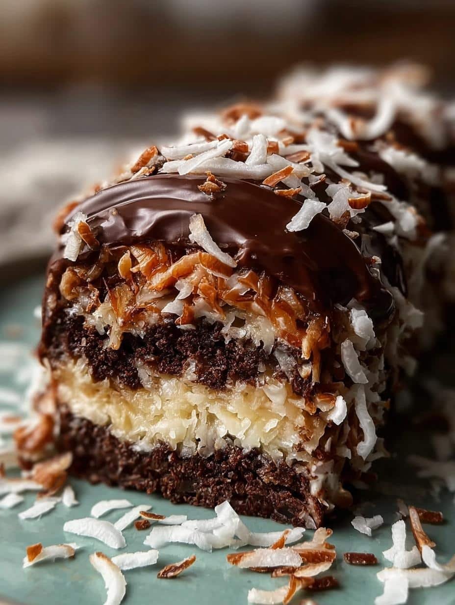 Decadent German Chocolate Coconut Pecan Roll Cake Recipe - slice of roll cake with rich frosting