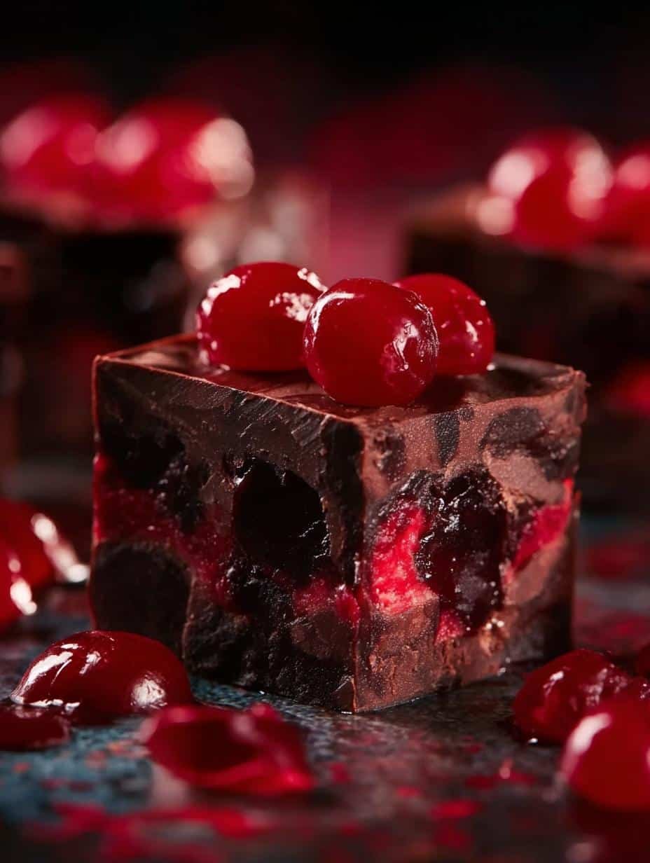 Draculas Dark Cherry Fudge: 5 Hauntingly Delicious Tips - A close-up of rich Draculas Dark Cherry Fudge squares with whole cherries on top, ready to be served.