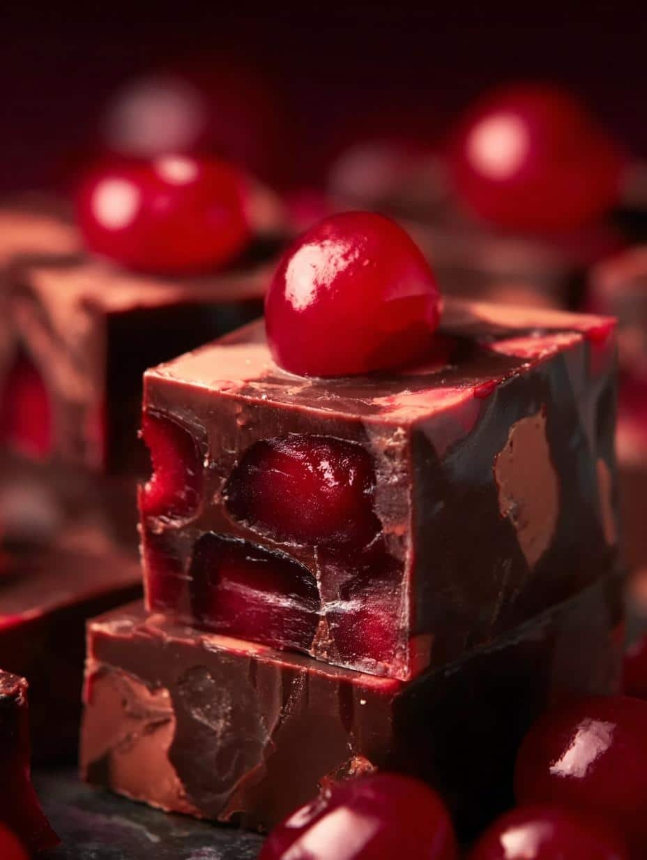 Draculas Dark Cherry Fudge: 5 Hauntingly Delicious Tips - A close-up of a single square of Draculas Dark Cherry Fudge, showing its rich texture and cherry pieces.