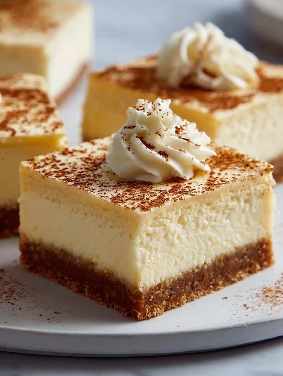 Delicious Eggnog Cheesecake Bars with a creamy filling and graham cracker crust, perfect for holiday dessert