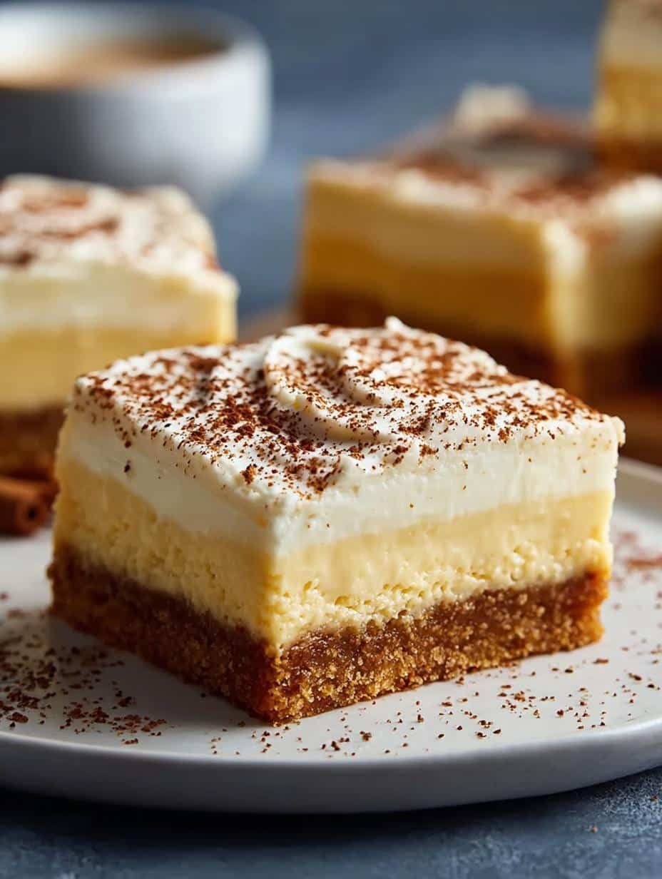 Close-up of a single Eggnog Cheesecake Bar topped with whipped cream and a sprinkle of nutmeg