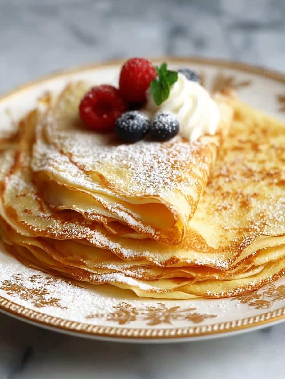 Delicious Eggnog Crepes stacked high with whipped cream and a sprinkle of cinnamon, ready for a festive holiday breakfast