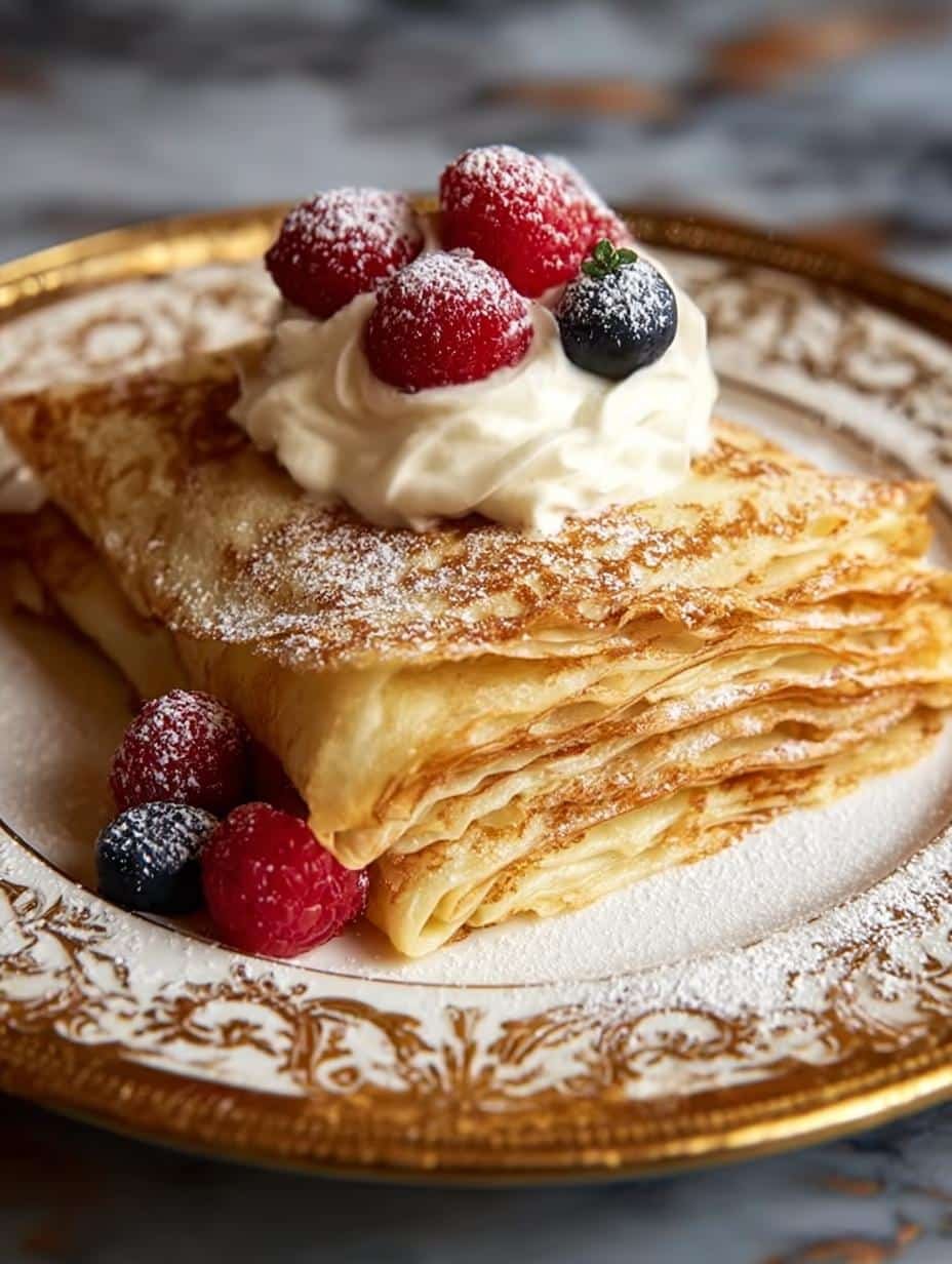 Close-up of a single Eggnog Crepe folded and topped with fresh berries and powdered sugar, showcasing its delicate texture
