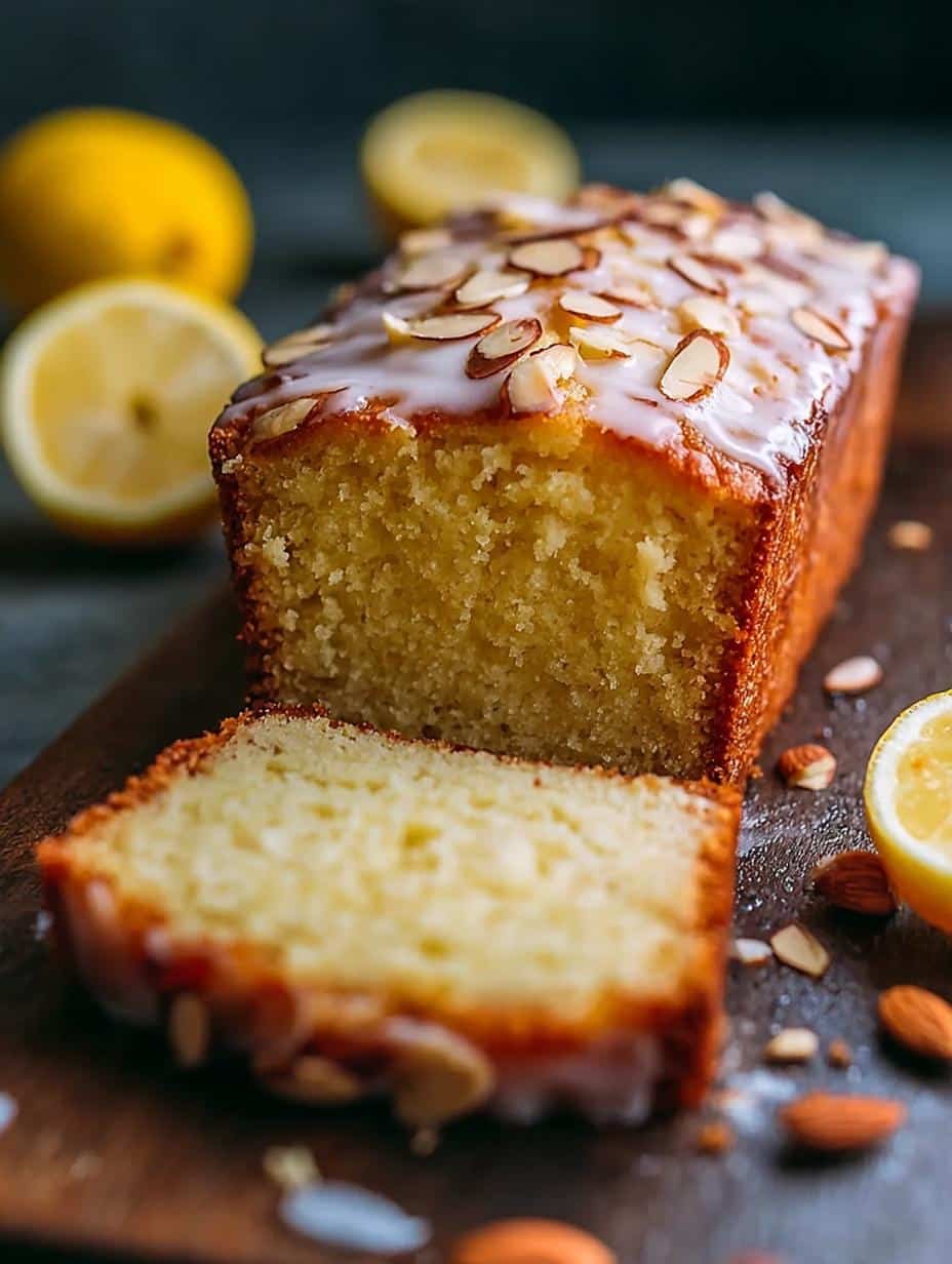 Close-up of a slice of Gluten Free Lemon Almond with a dusting of powdered sugar