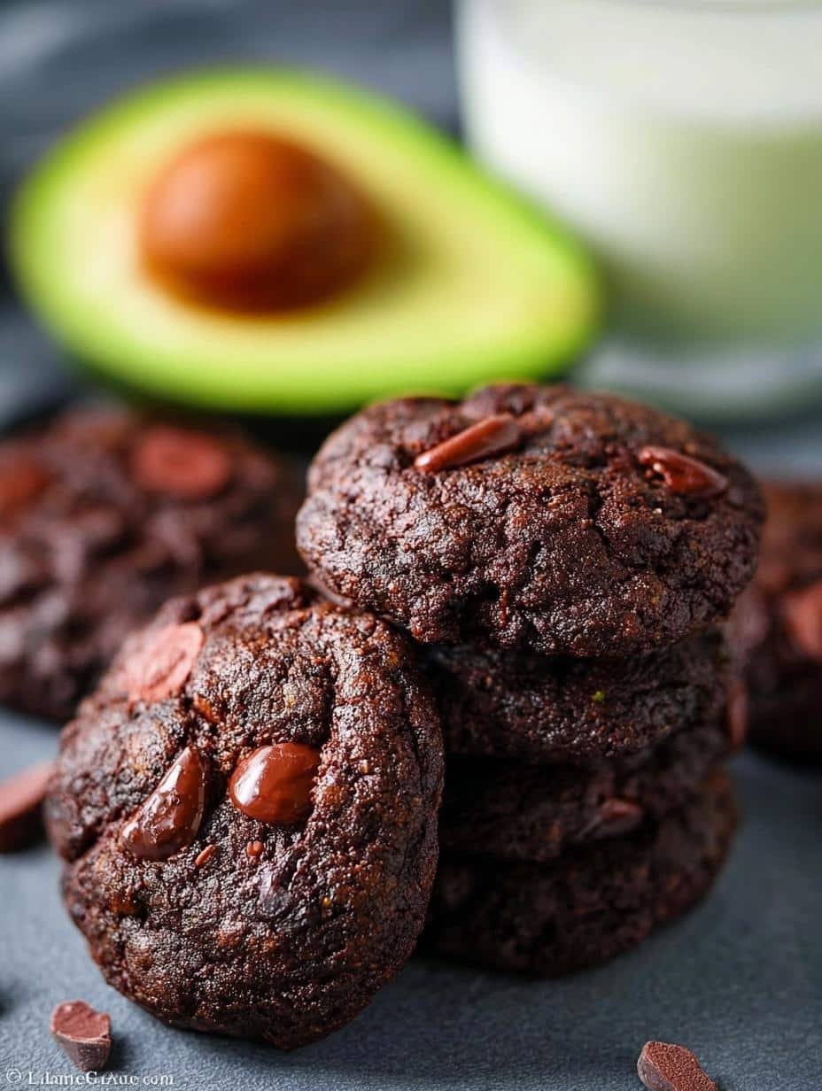 Delicious Healthy Chocolate Avocado Cookies arranged on a cooling rack, showcasing their rich, dark color and soft texture, perfect for a guilt-free dessert.