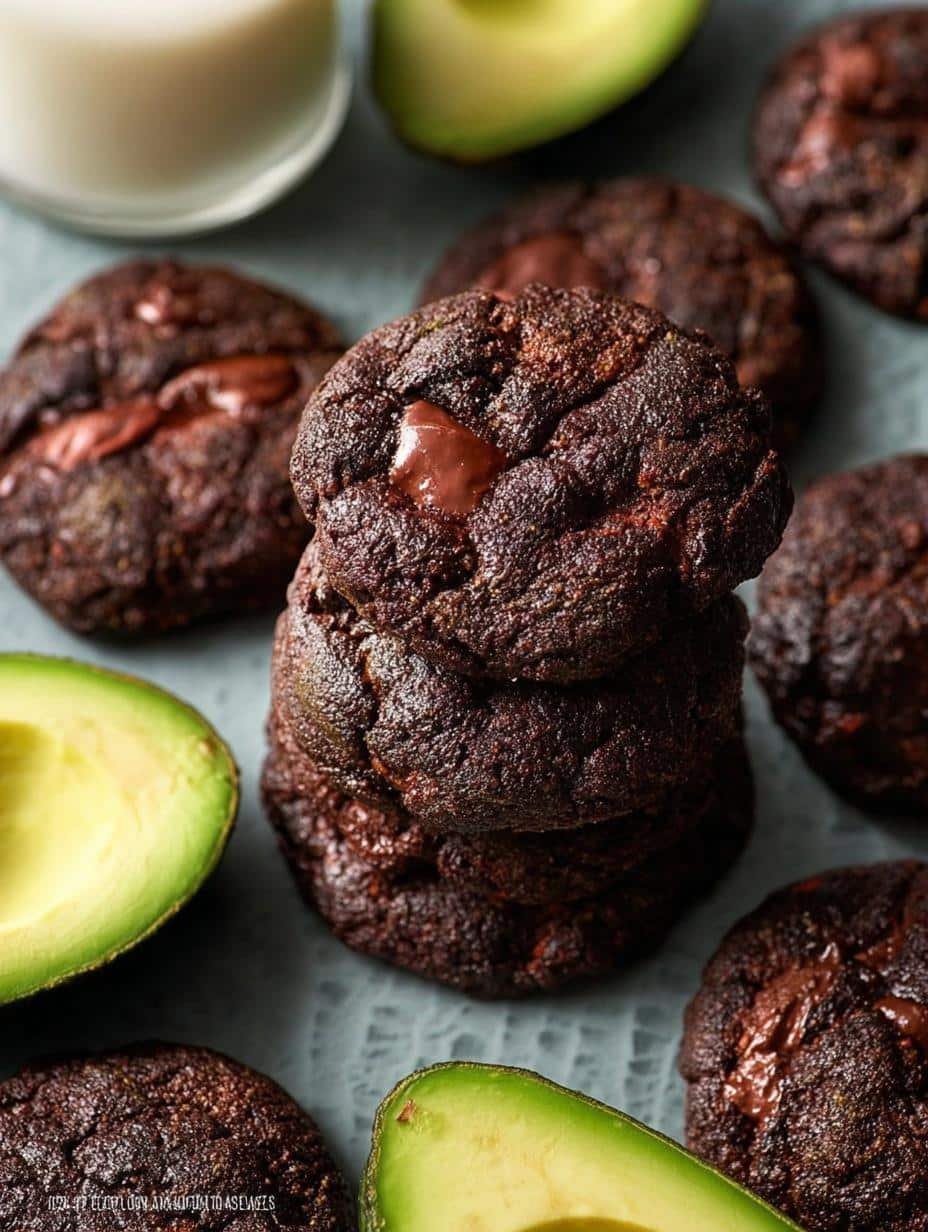 Close-up of a stack of Healthy Chocolate Avocado Cookies, highlighting their moist interior and chocolate chips, ready to be enjoyed as a healthy treat.