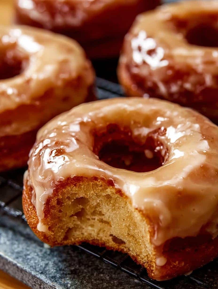 Close-up of freshly fried Maple Glazed Donuts cooling on a wire rack, showing their golden-brown perfection
