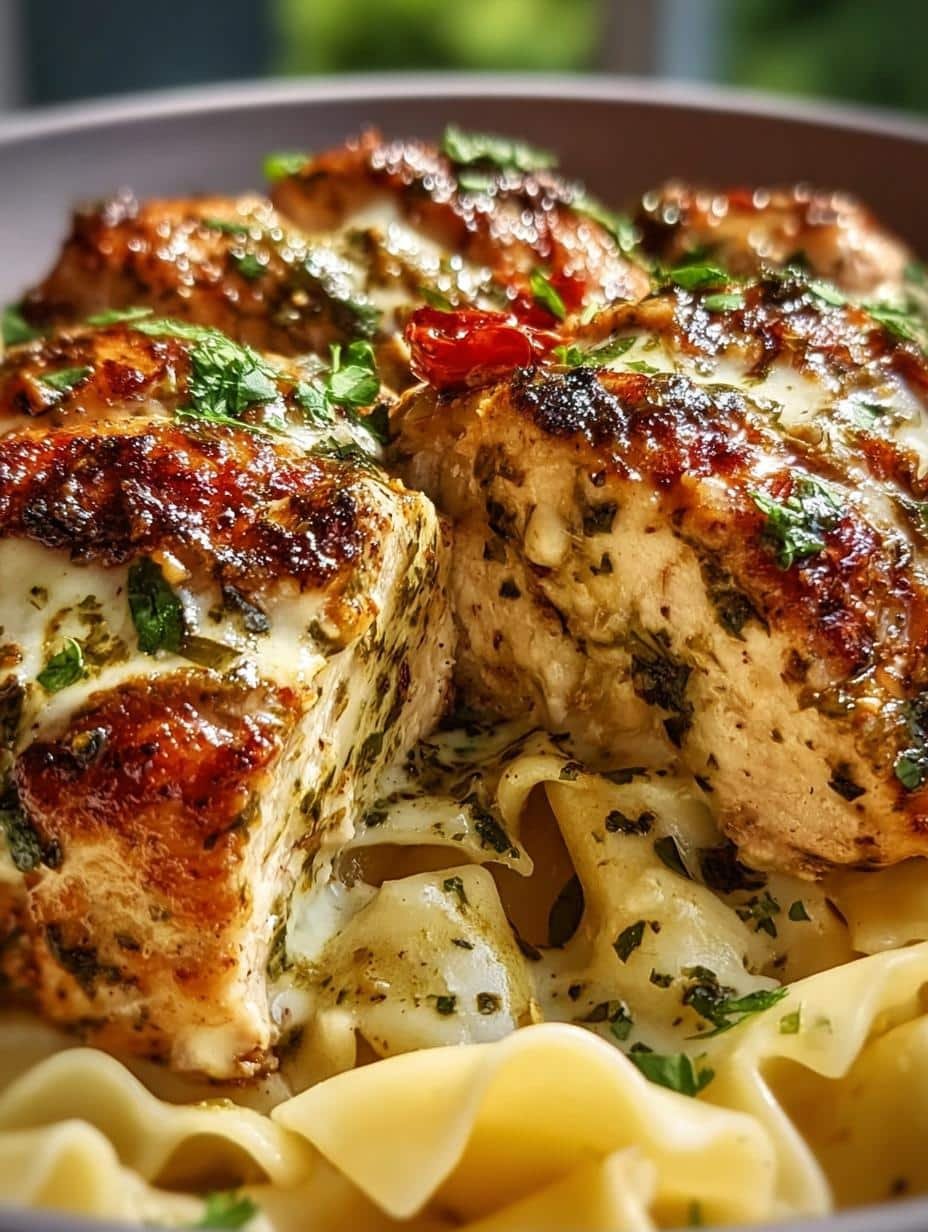 Delicious Mozzarella Garlic Butter Chicken with creamy sauce and bowtie pasta, ready to be served