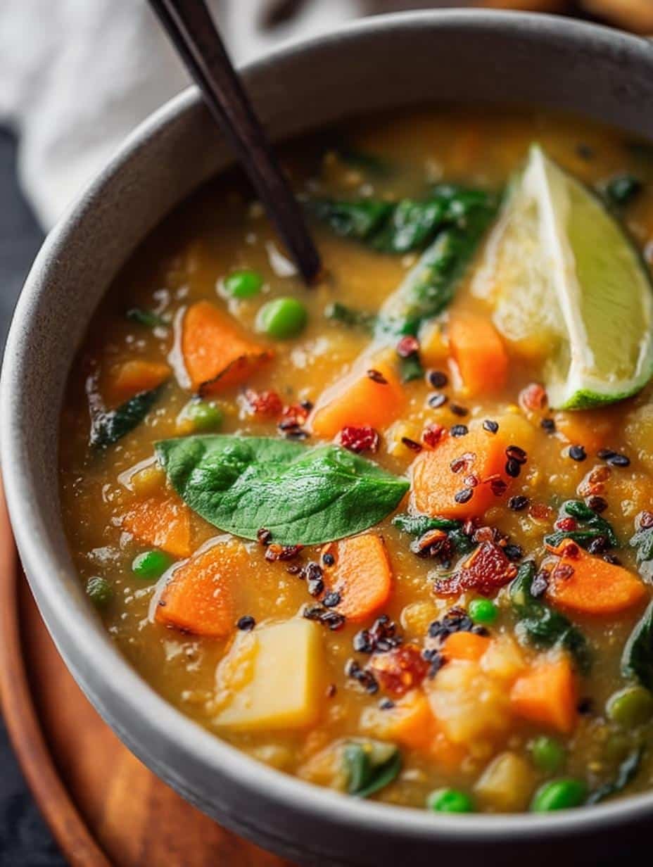 Hearty Pot Split Pea Lentil soup in a bowl with fresh herbs, ready to be served