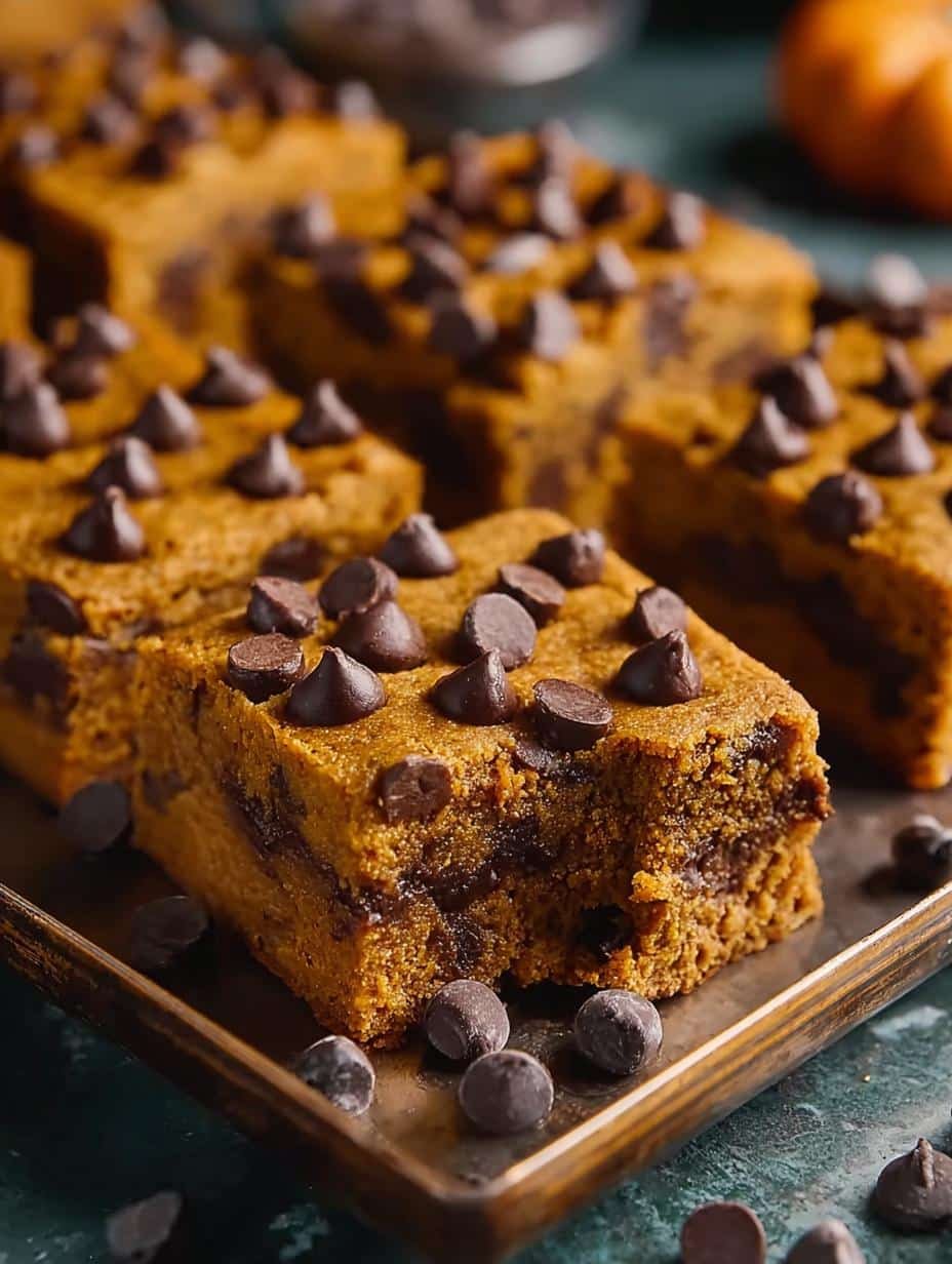 Deliciously moist Pumpkin Chocolate Chip Bars cooling on a wire rack, ready to be sliced