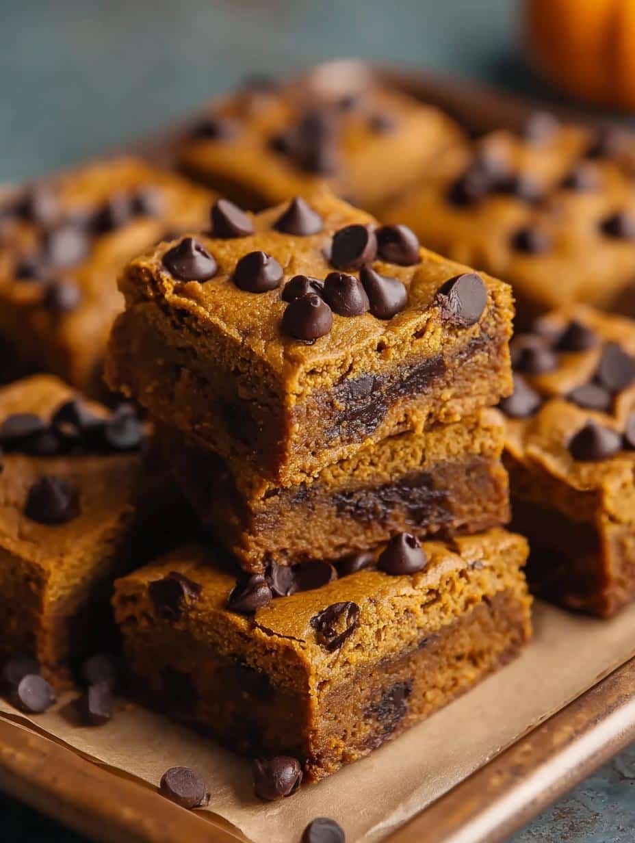 Close-up of a single Pumpkin Chocolate Chip Bar with melted chocolate chips and a soft texture