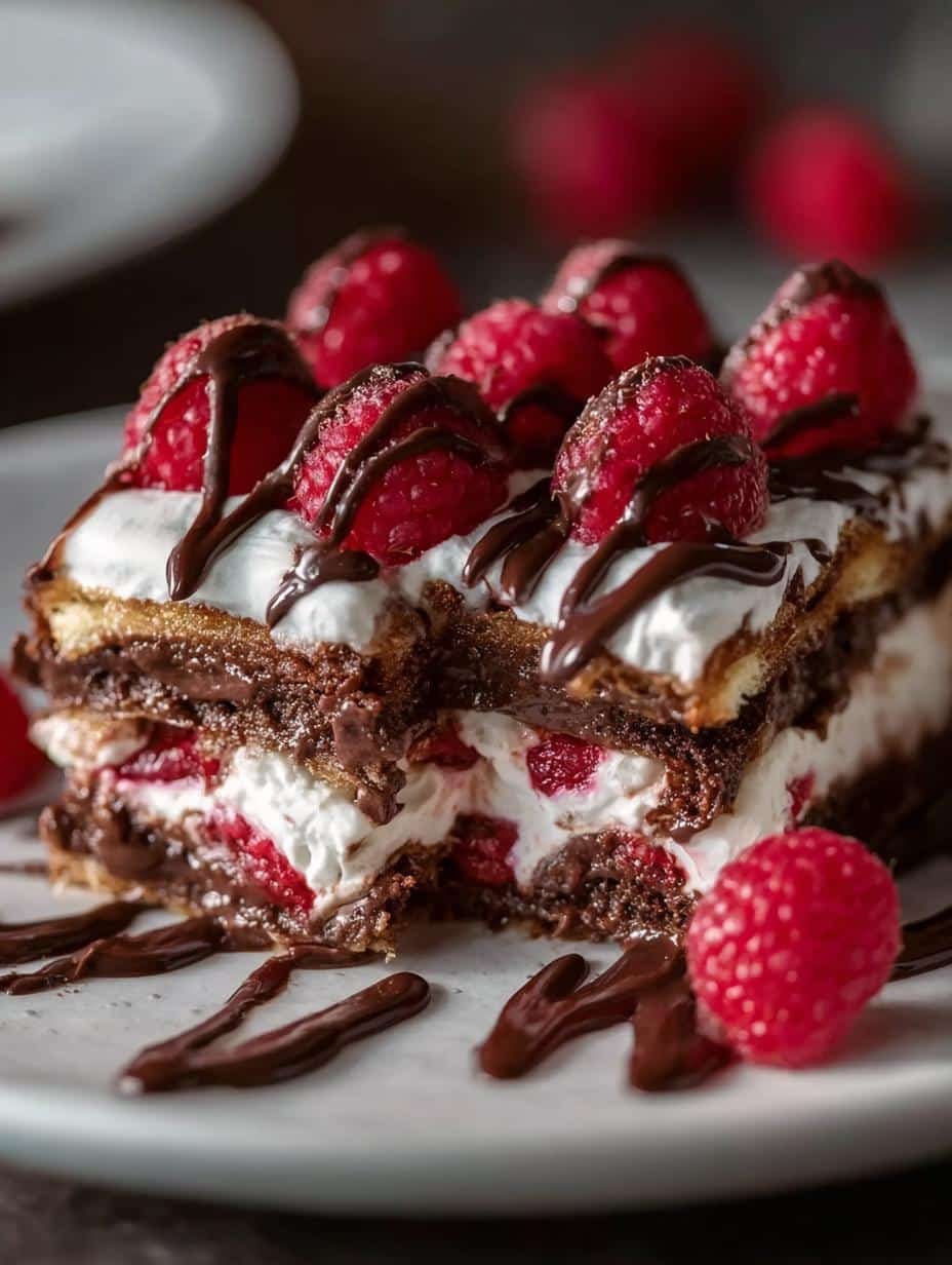 Close-up of a slice of Raspberry Chocolate Lasagna showing the distinct layers of chocolate crust, creamy raspberry filling, chocolate pudding, and whipped topping