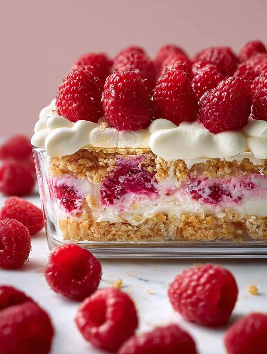 Delicious Raspberry Delight dessert in a square pan, topped with fresh raspberries and graham cracker crumbs, ready to be served.