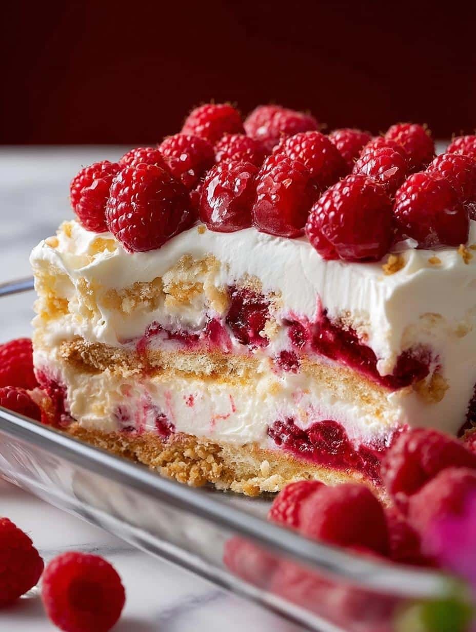 Close-up of a single serving of Raspberry Delight in a glass, garnished with a mint leaf and fresh raspberries, showcasing its layers.