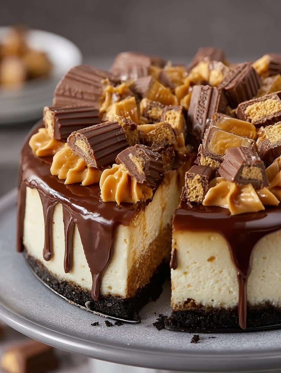 Delicious Reeses Peanut Butter Cup Cheesecake slice with creamy filling and chocolate ganache, additional detail