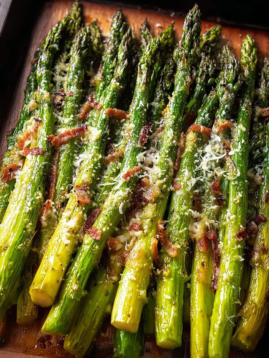 Close-up of perfectly roasted Parmesan Asparagus with crispy bacon bits