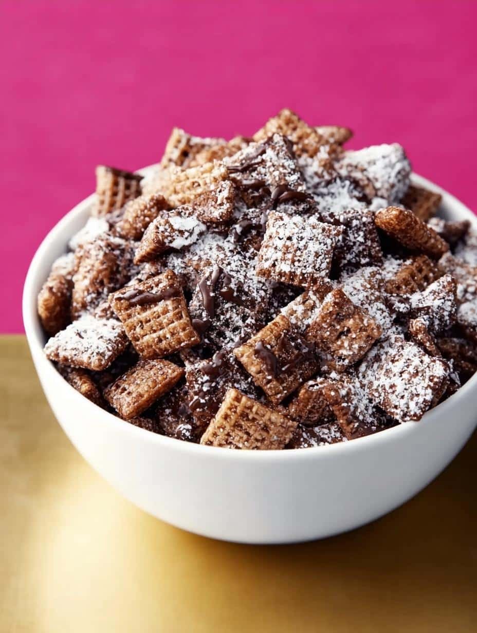 Delicious Samoas Puppy Chow with chocolate, caramel, and toasted coconut in a bowl