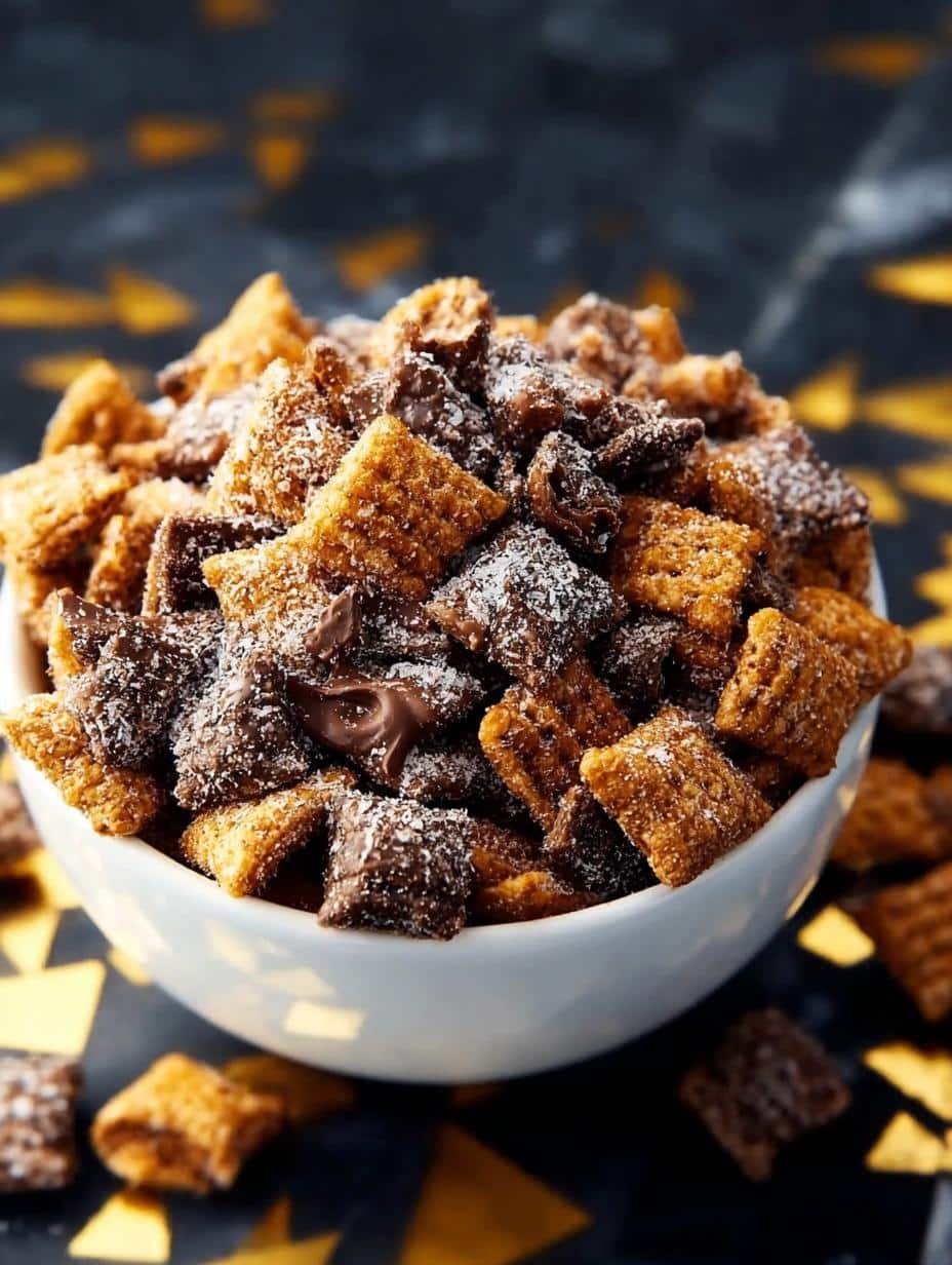 Close-up of Samoas Puppy Chow in a serving bowl, showing texture and ingredients