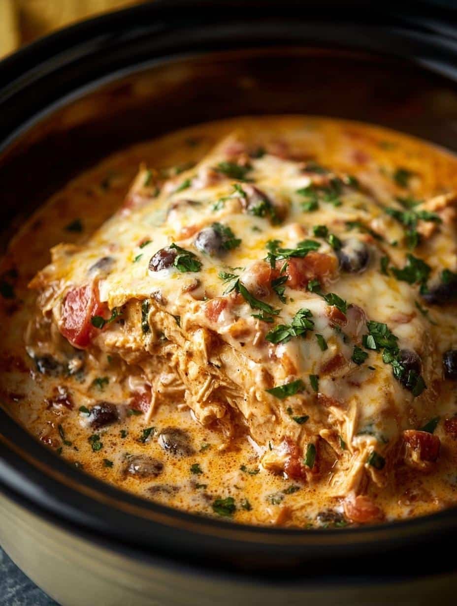 Close-up of creamy Slow Cooker Queso Chicken with melted cheese and spices