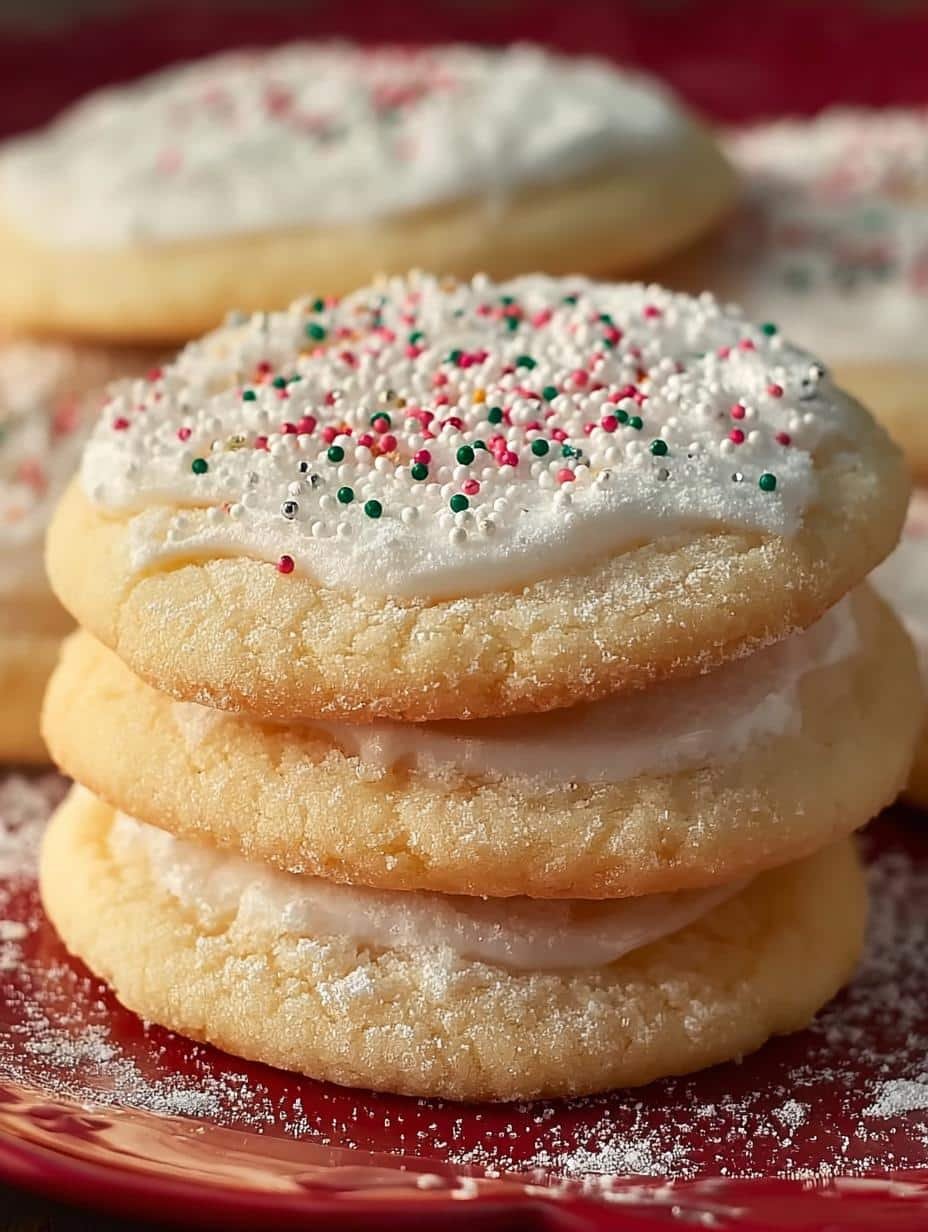 Close-up of a stack of fluffy Sour Cream Sugar Cookies with a creamy frosting