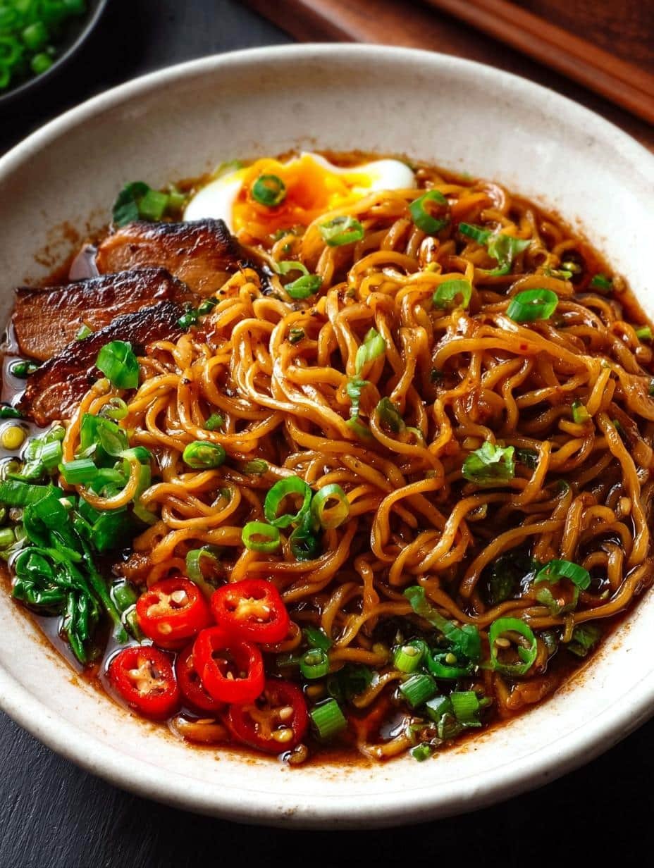Spicy Ramen: A Fiery 10-Minute Delight - overhead view of spicy ramen with various toppings