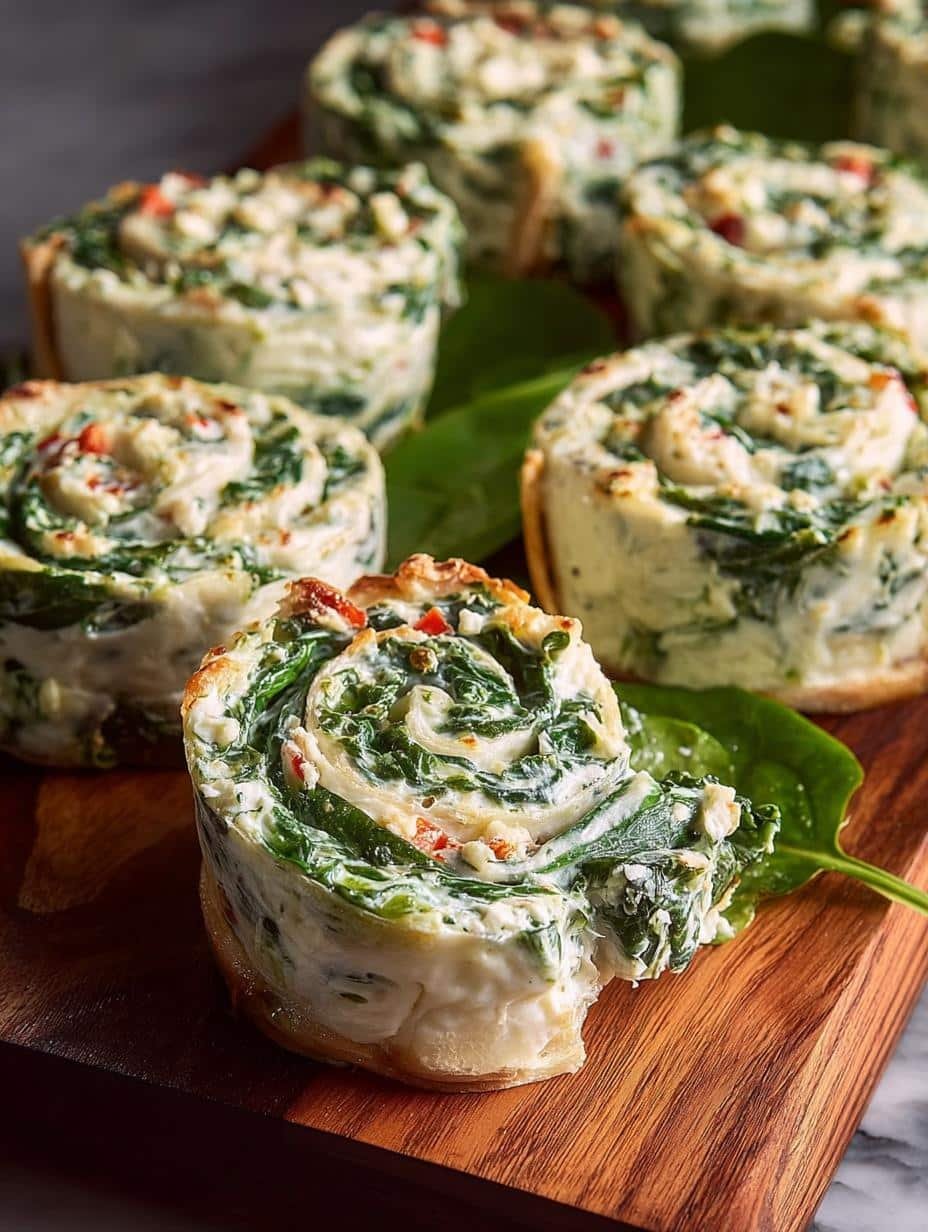 Delicious Spinach Artichoke Dip Pinwheels arranged on a white platter, ready to be served as a party appetizer